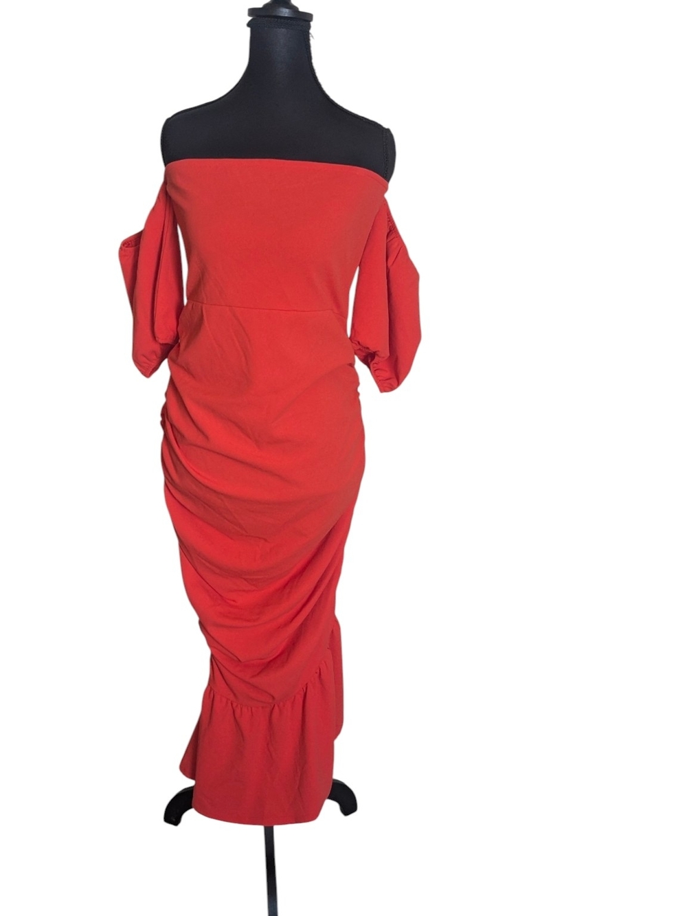 VENUS Off Shoulder Ruched Maxi Dress Women's Large Coral Red Puff Sleeve Mermaid